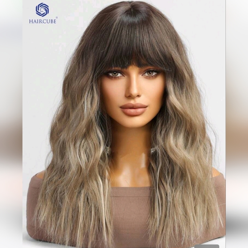 Ombre Long Wavy Wig with Bangs - Brown to Ash Blonde 16 Inch